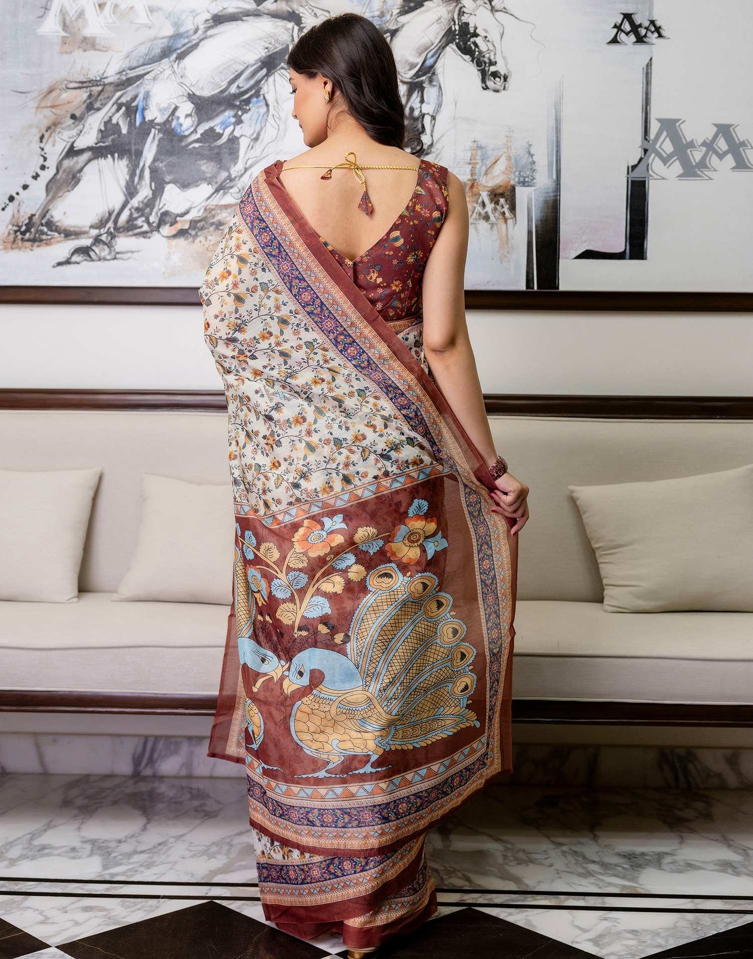 Ready To Wear Off White Linen Printed Saree