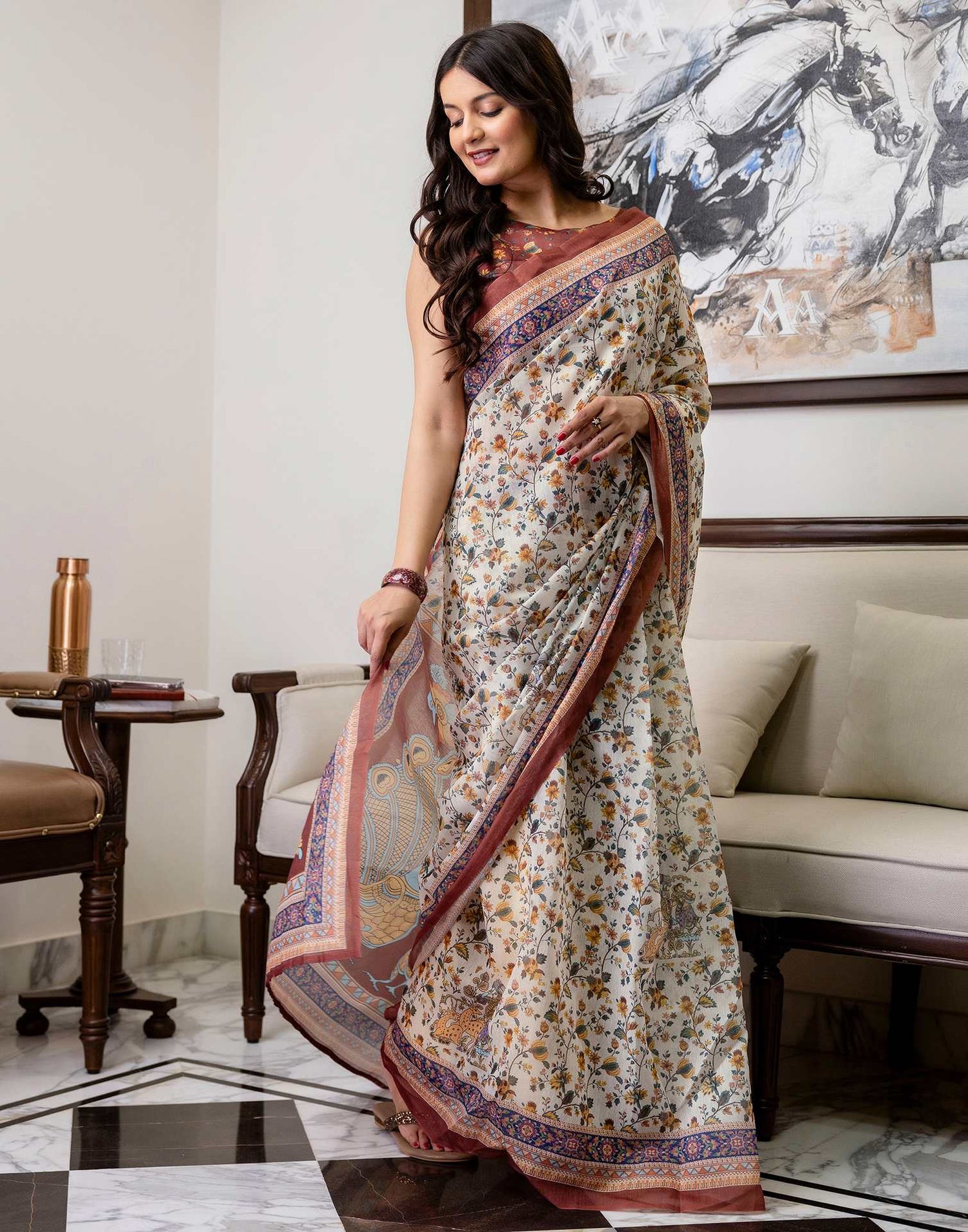 Ready To Wear Off White Linen Printed Saree