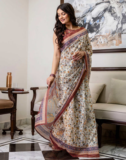 Ready To Wear Off White Linen Printed Saree