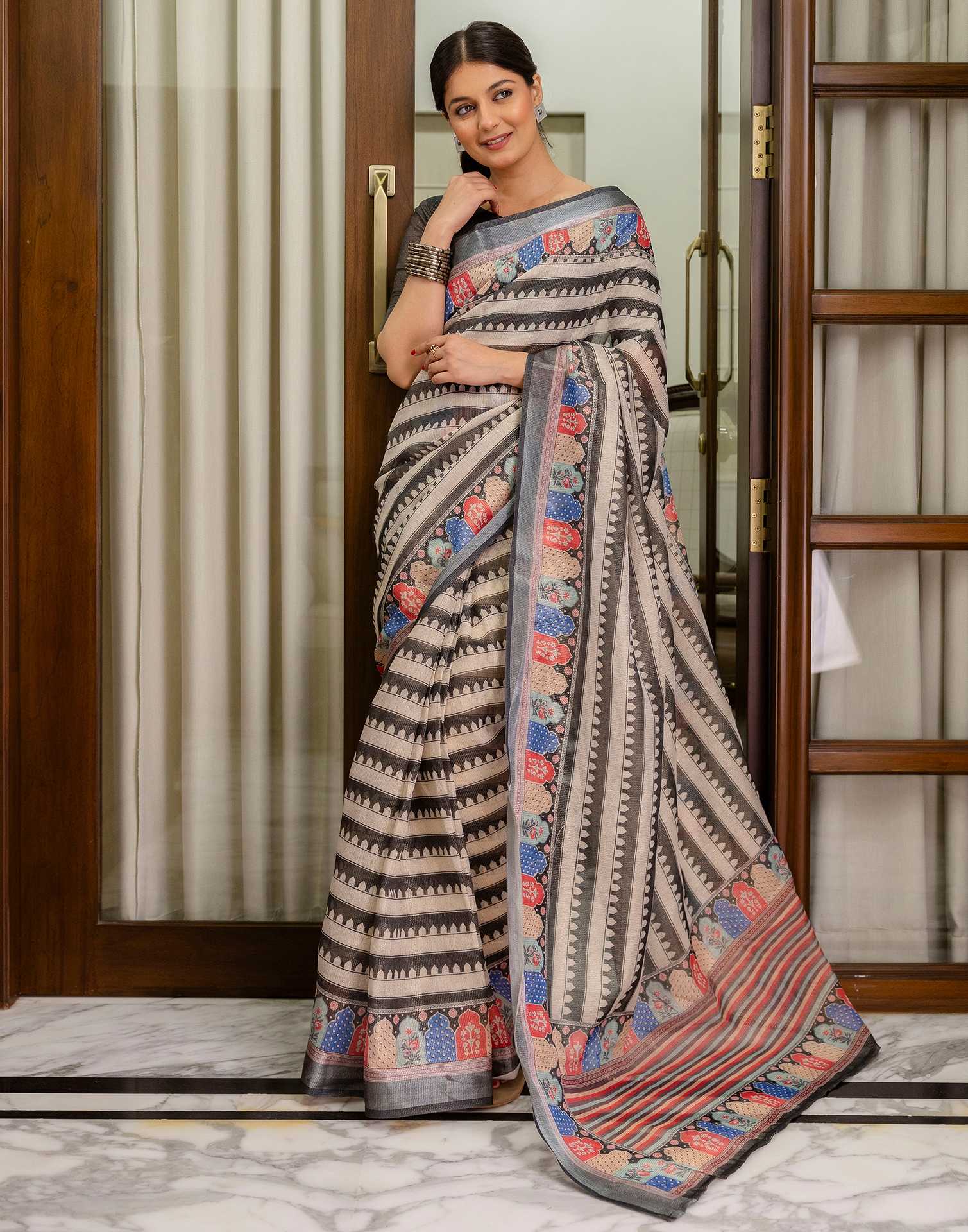 Ready To Wear Beige Cotton Printed Saree