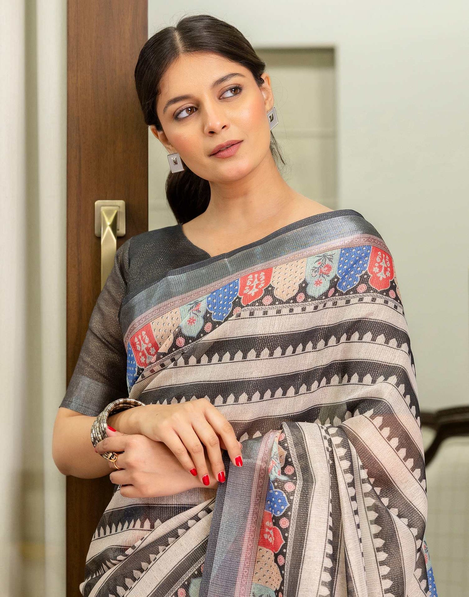 Ready To Wear Beige Cotton Printed Saree