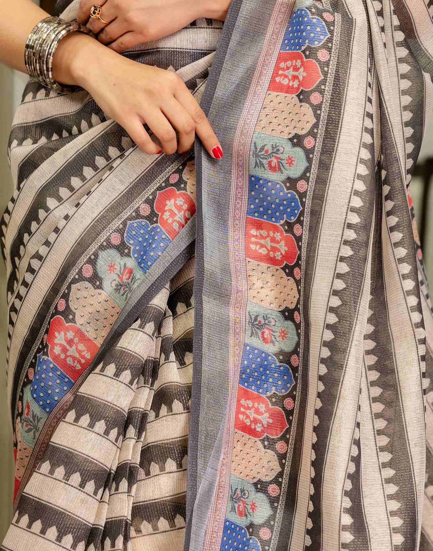 Ready To Wear Beige Cotton Printed Saree