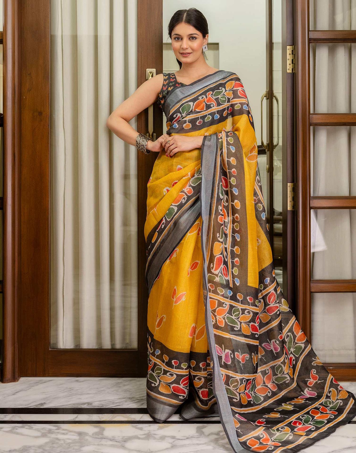 Ready To Wear Yellow Cotton Printed Saree