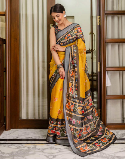 Ready To Wear Yellow Cotton Printed Saree