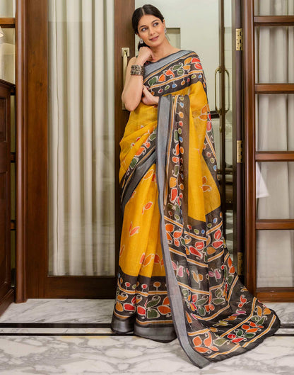 Ready To Wear Yellow Cotton Printed Saree