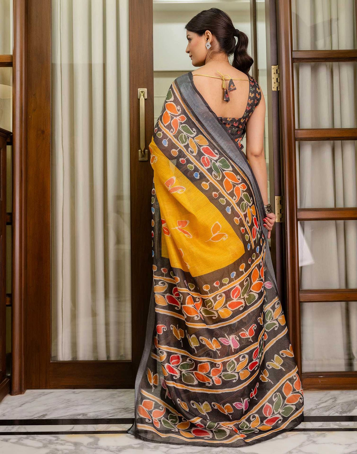Ready To Wear Yellow Cotton Printed Saree
