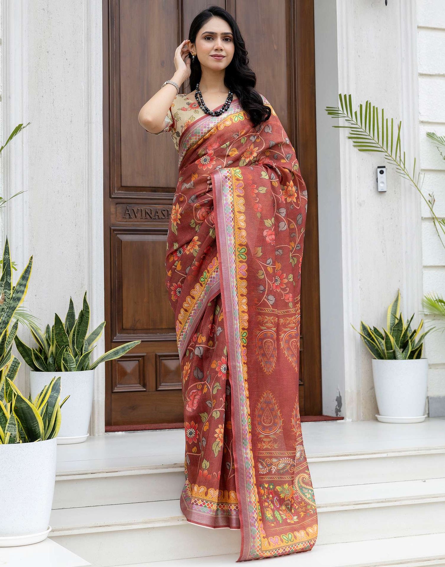 Ready To Wear Maroon Cotton Printed Saree