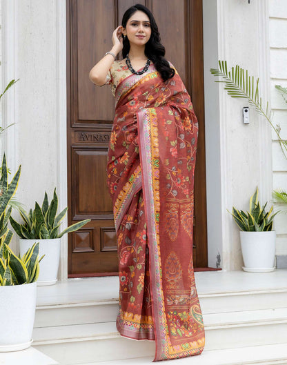 Ready To Wear Maroon Cotton Printed Saree