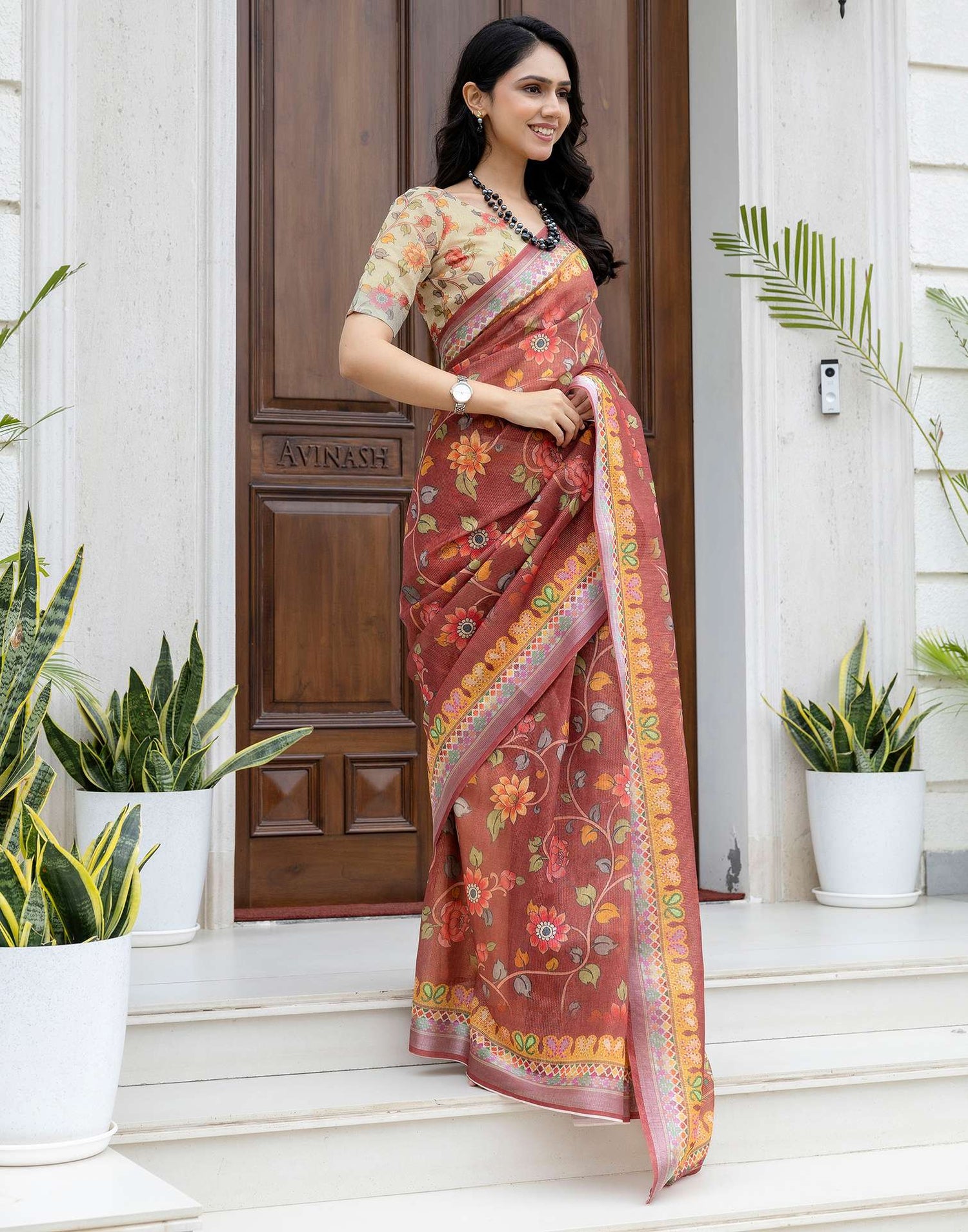 Ready To Wear Maroon Cotton Printed Saree