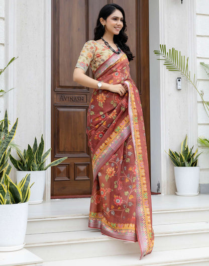 Ready To Wear Maroon Cotton Printed Saree