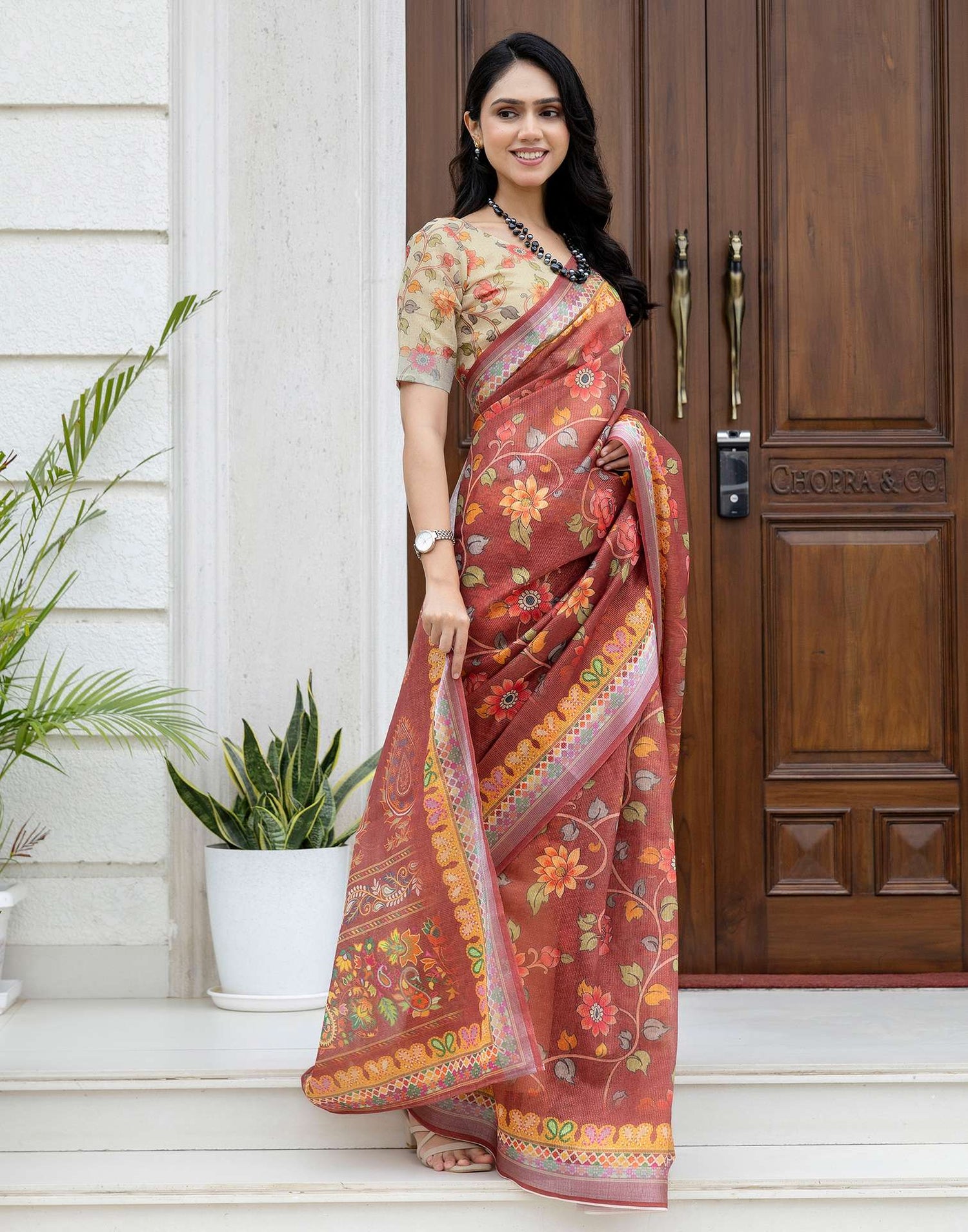 Ready To Wear Maroon Cotton Printed Saree