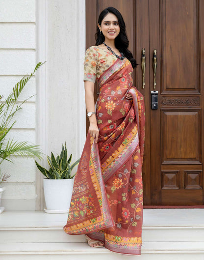 Ready To Wear Maroon Cotton Printed Saree