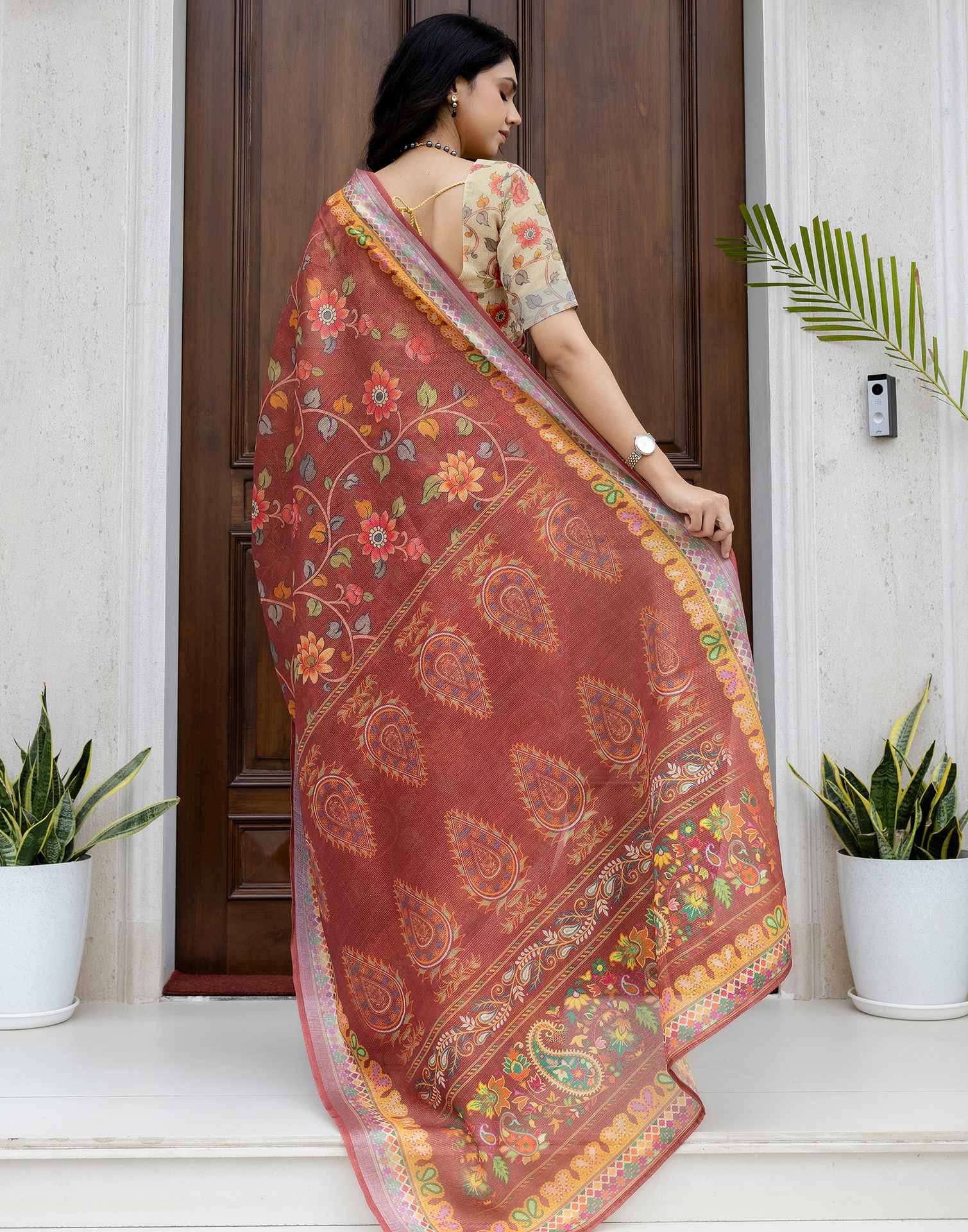 Ready To Wear Maroon Cotton Printed Saree