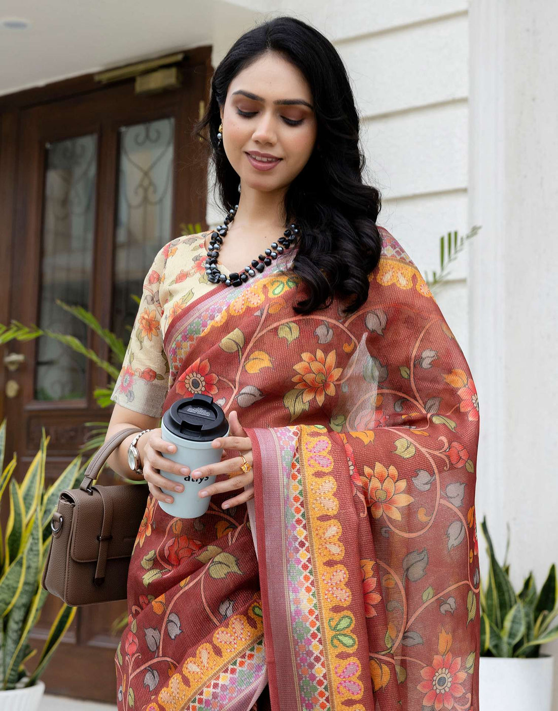 Ready To Wear Maroon Cotton Printed Saree