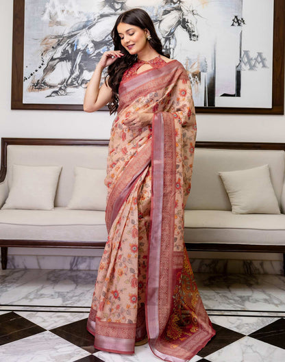 Ready To Wear Dusty Peach Cotton Printed Saree
