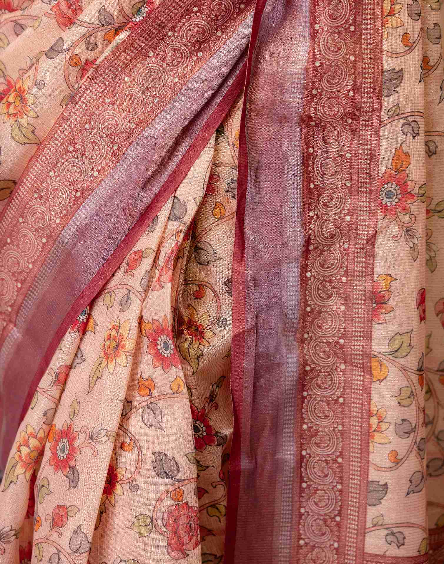 Ready To Wear Dusty Peach Cotton Printed Saree