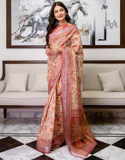 Ready To Wear Dusty Peach Cotton Printed Saree