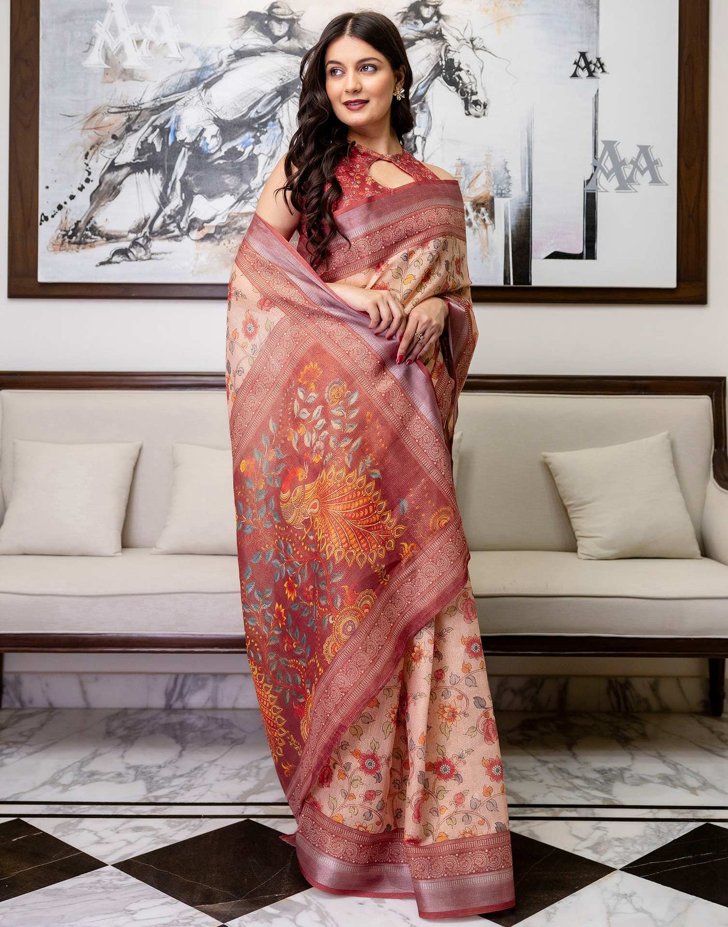 Ready To Wear Dusty Peach Cotton Printed Saree