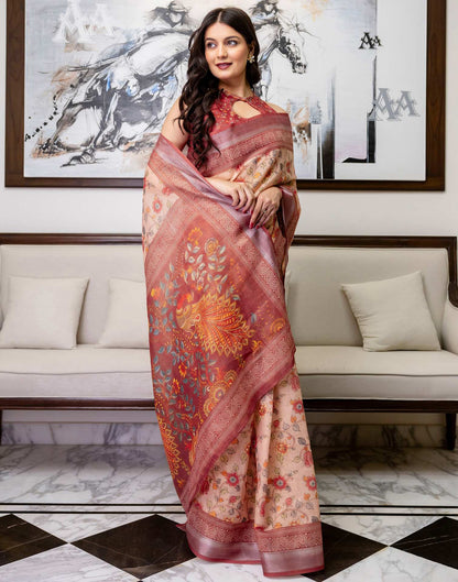 Ready To Wear Dusty Peach Cotton Printed Saree