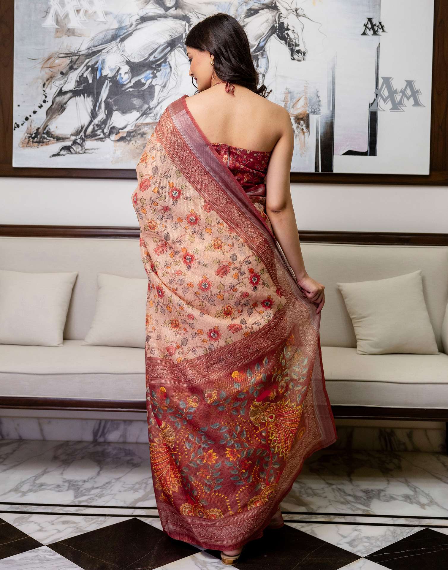 Ready To Wear Dusty Peach Cotton Printed Saree