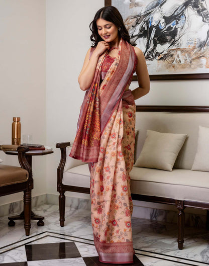 Ready To Wear Dusty Peach Cotton Printed Saree