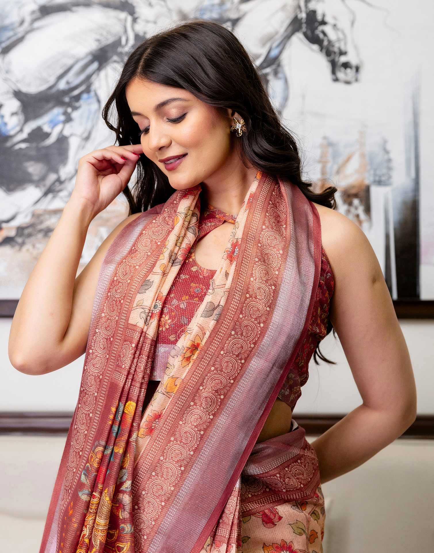 Ready To Wear Dusty Peach Cotton Printed Saree