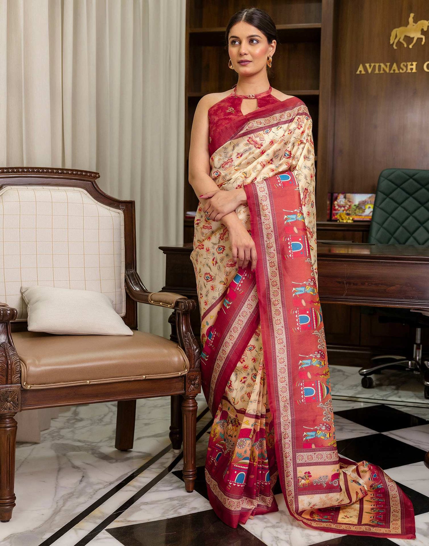 Ready To Wear Beige Silk Kalamkari Printed Saree