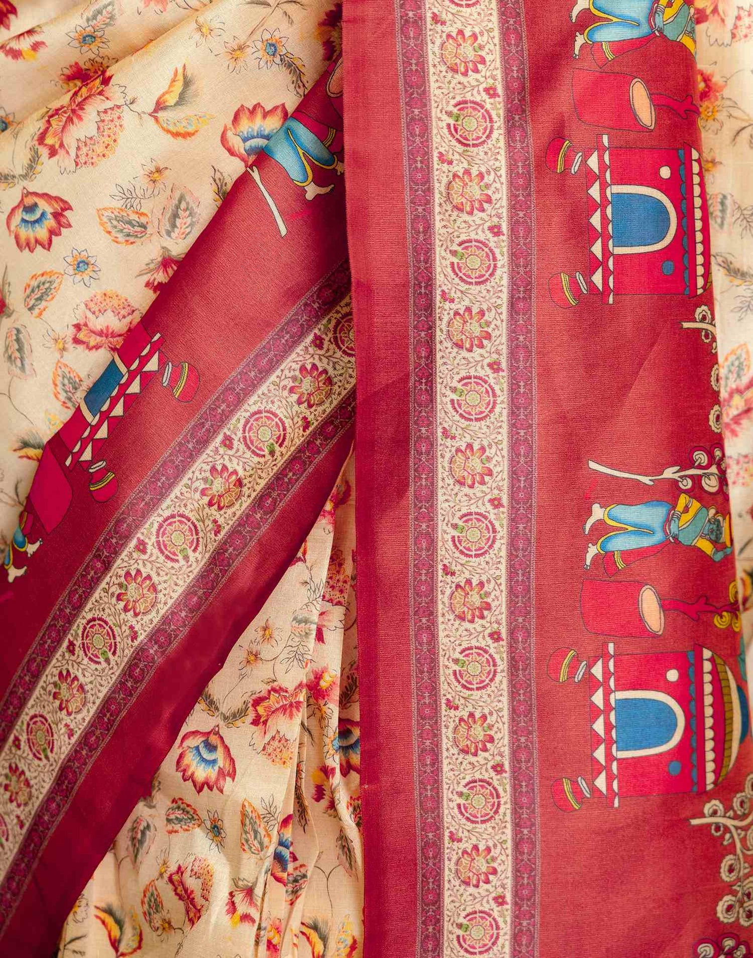 Ready To Wear Beige Silk Kalamkari Printed Saree
