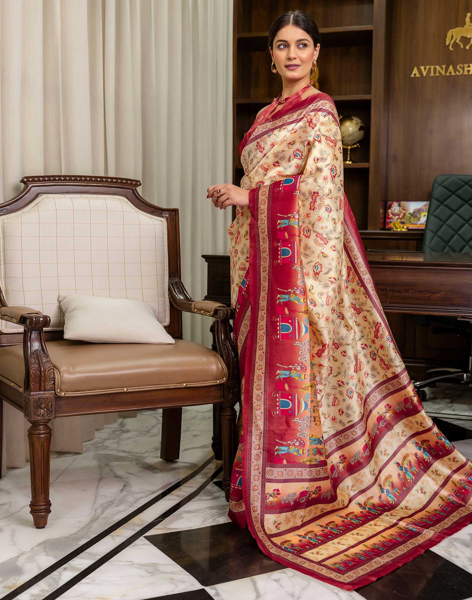 Ready To Wear Beige Silk Kalamkari Printed Saree