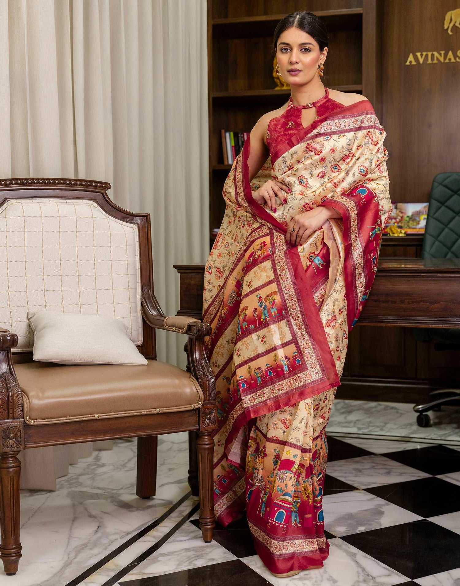 Ready To Wear Beige Silk Kalamkari Printed Saree
