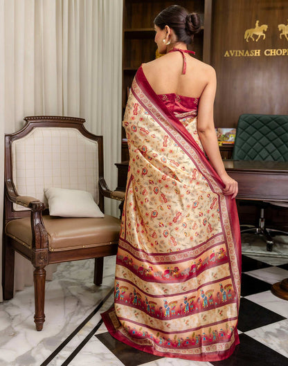 Ready To Wear Beige Silk Kalamkari Printed Saree