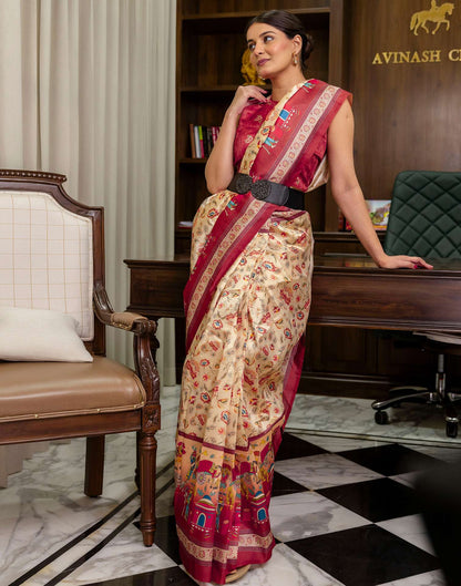 Ready To Wear Beige Silk Kalamkari Printed Saree