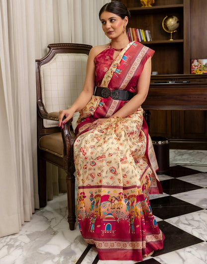 Ready To Wear Beige Silk Kalamkari Printed Saree
