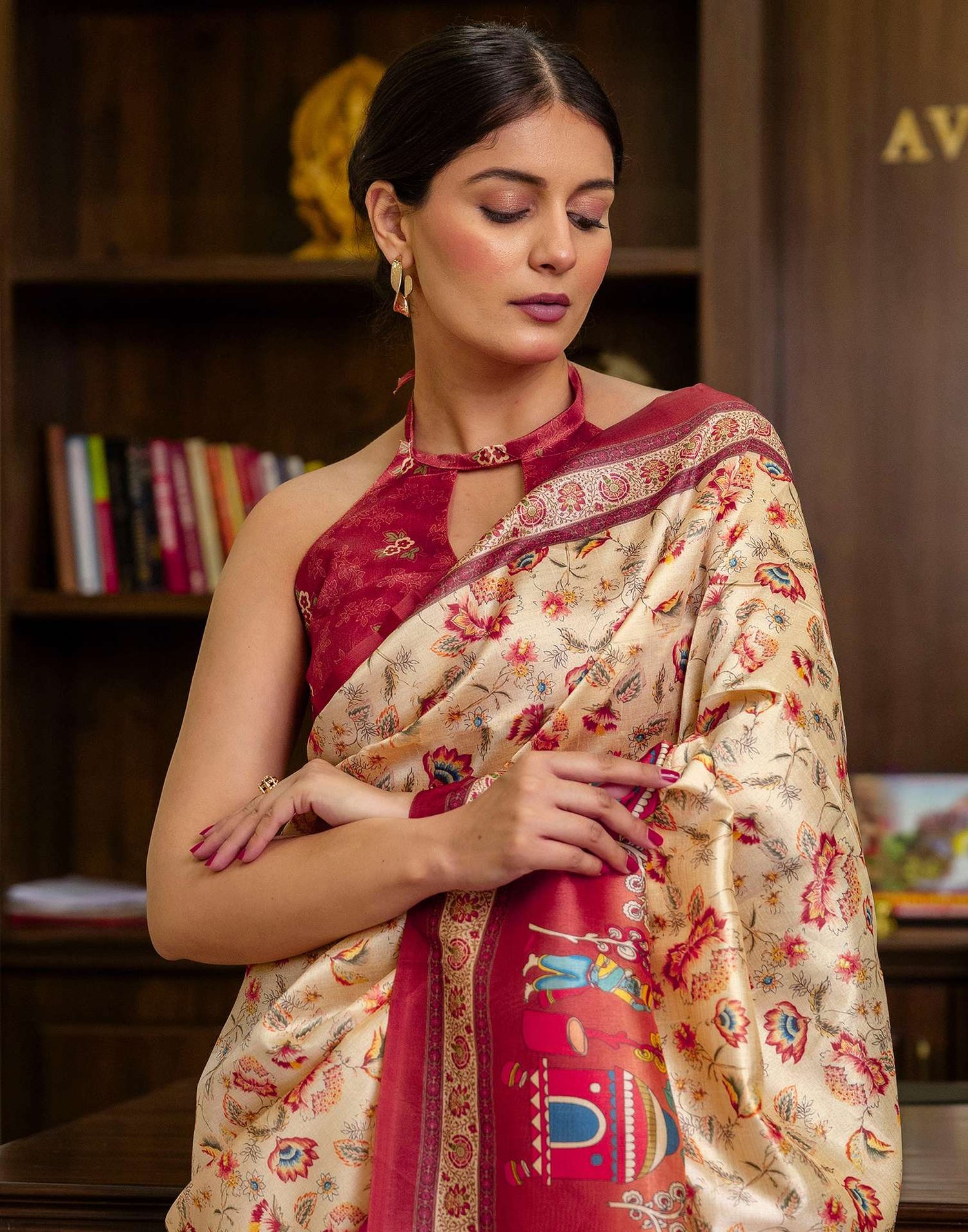 Ready To Wear Beige Silk Kalamkari Printed Saree