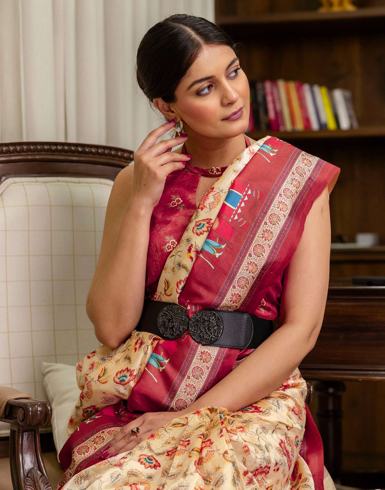 Ready To Wear Beige Silk Kalamkari Printed Saree