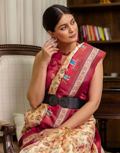 Ready To Wear Beige Silk Kalamkari Printed Saree