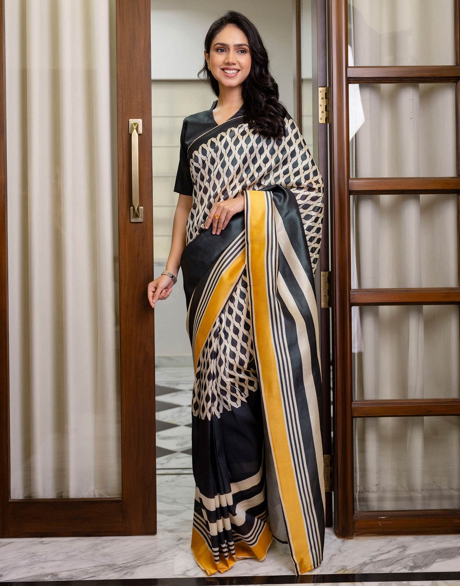 Ready To Wear Beige Silk Printed Saree