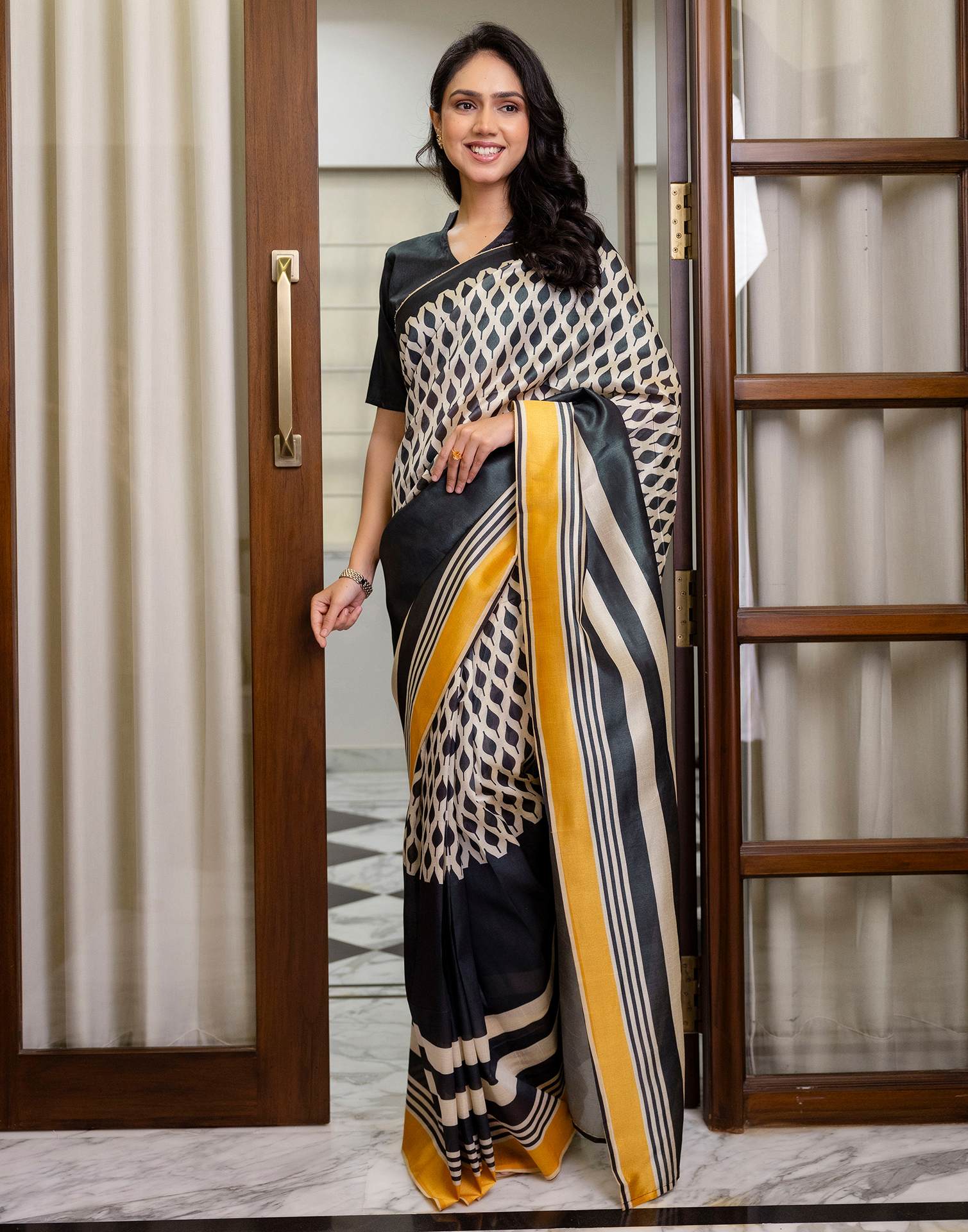 Ready To Wear Beige Silk Printed Saree