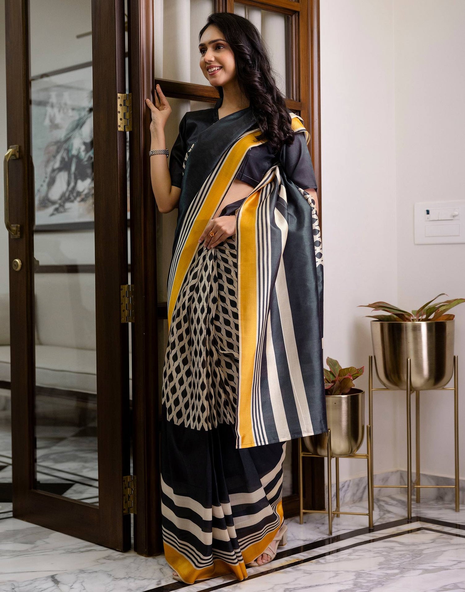 Ready To Wear Beige Silk Printed Saree