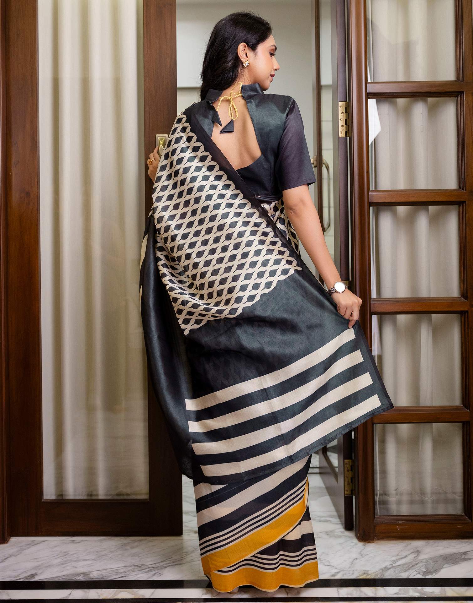 Ready To Wear Beige Silk Printed Saree