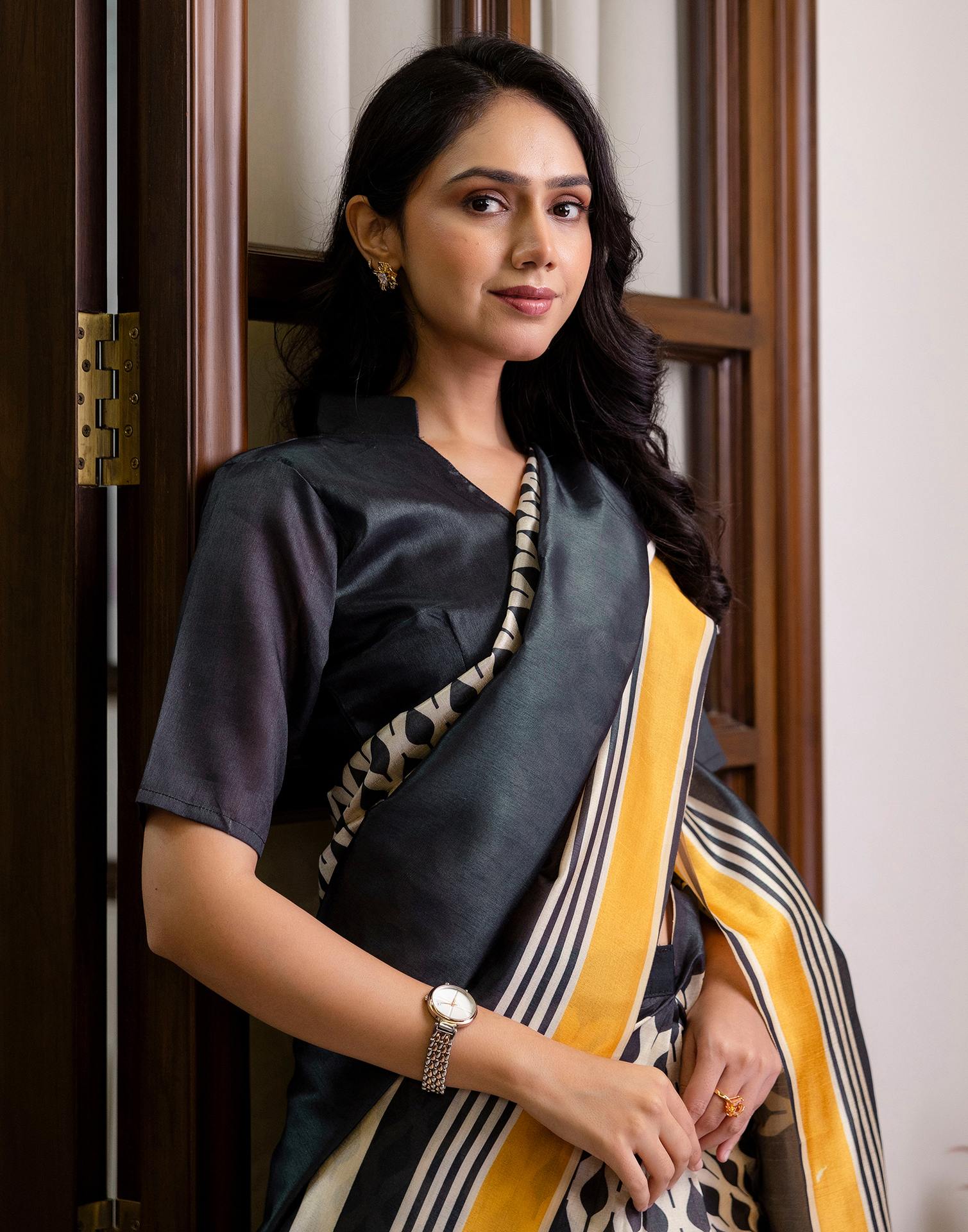 Ready To Wear Beige Silk Printed Saree