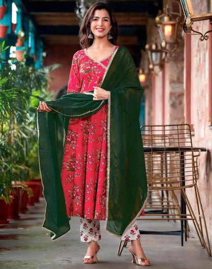 Cherry Red Printed Angrakha Kurti with Pant And Dupatta