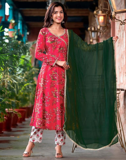 Cherry Red Printed Angrakha Kurti with Pant And Dupatta