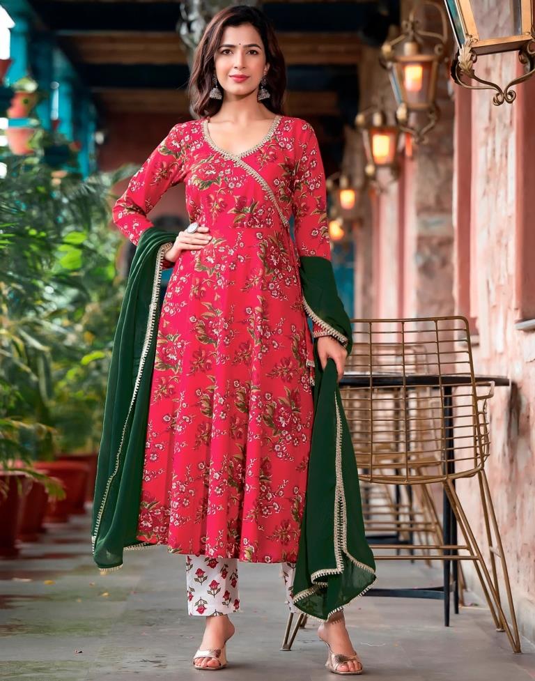 Cherry Red Printed Angrakha Kurti with Pant And Dupatta