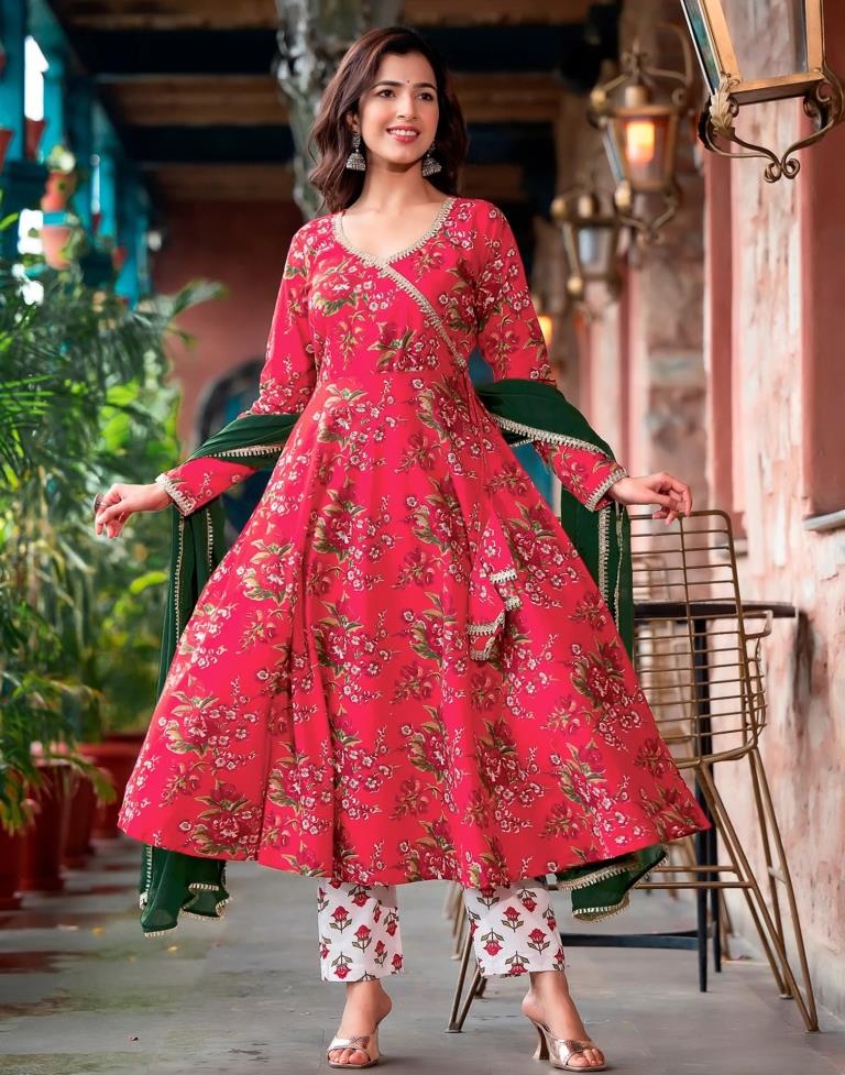 Cherry Red Printed Angrakha Kurti with Pant And Dupatta