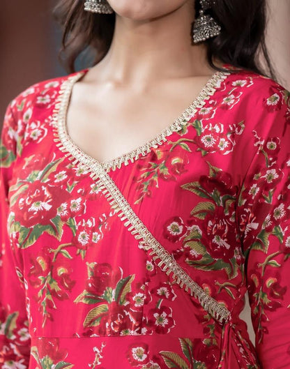 Cherry Red Printed Angrakha Kurti with Pant And Dupatta