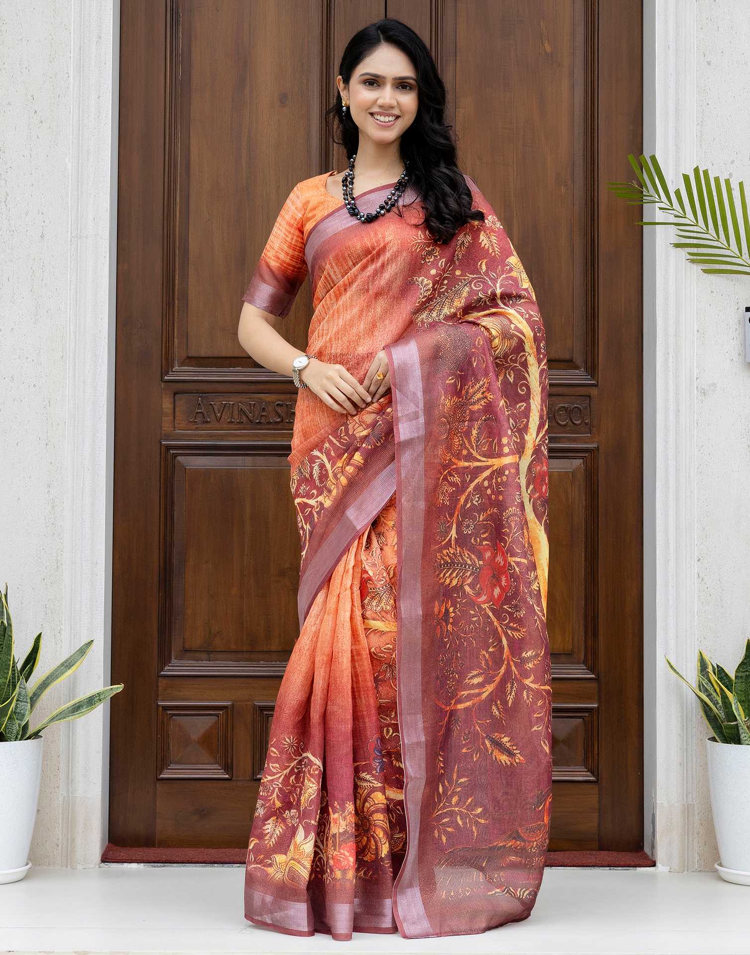 Ready To Wear Orange Silk Printed Saree