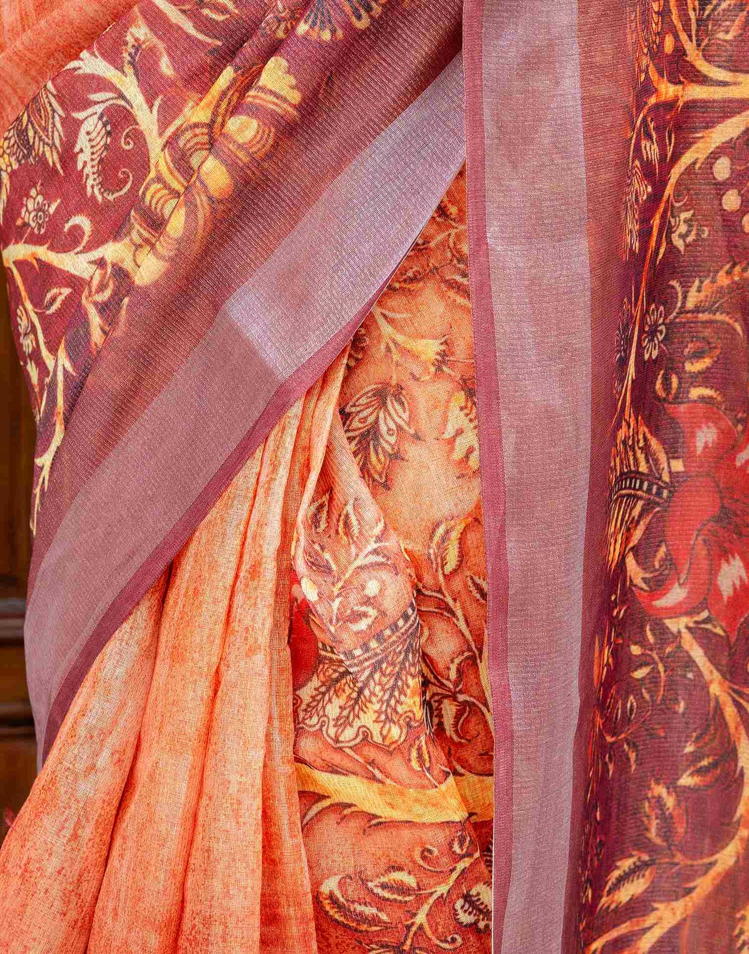 Ready To Wear Orange Silk Printed Saree