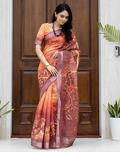 Ready To Wear Orange Silk Printed Saree
