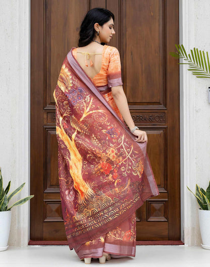 Ready To Wear Orange Silk Printed Saree